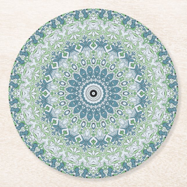Sea Green and Blue Coastal Mandala Pattern Round Paper Coaster (Front)