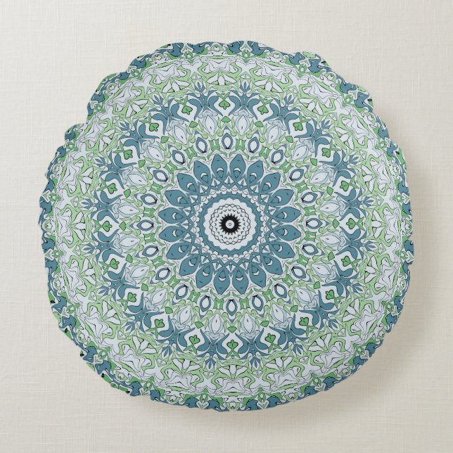 Sea Green and Blue Coastal Mandala Pattern Round Pillow (Front)