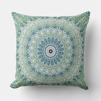 Sea Green and Blue Coastal Mandala Pattern Throw Pillow