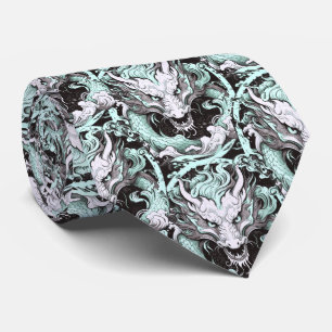 Sea Green and Grey Medieval Chinese Dragon Tie