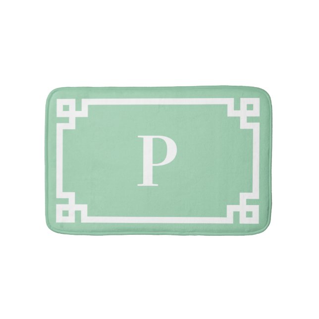 Sea Green and White Greek Key Frame Monogram Small Bath Mat (Front)