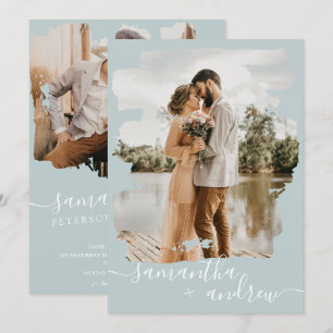 Sea green brushstroke script 2 photos wedding invitation