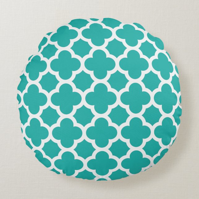 Sea Green Colour Quatrefoil Pattern Round Pillow (Front)