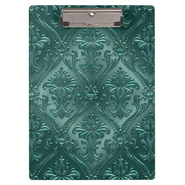 Sea Green Damask Gem Tone Tin Tile Steampunk Clipboard (Front)