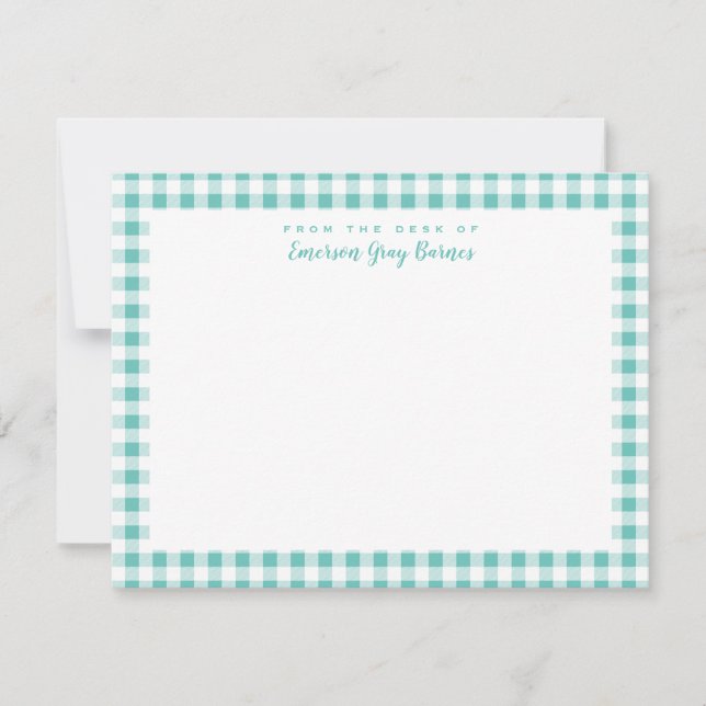 Sea Green Gingham Check Personal Stationery Card (Front)
