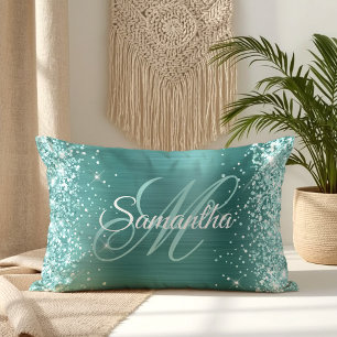 Sea Green Glitter Aqua Teal Foil Fancy Monogram Lumbar Pillow