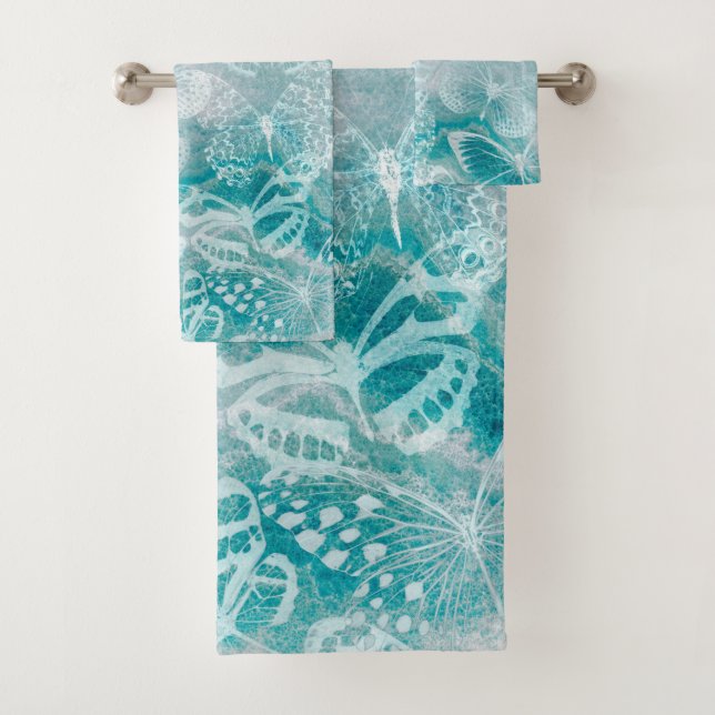 Sea Green Marble Butterflies Bath Towel Set (Insitu)
