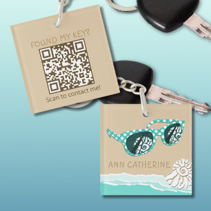 Sea Green Polka Dots Glasses Name Smart Dynamic QR Keychain