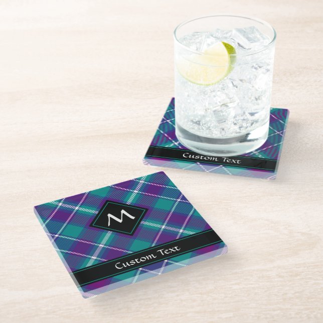 Sea Green, Purple and Blue Tartan Glass Coaster (Angled)