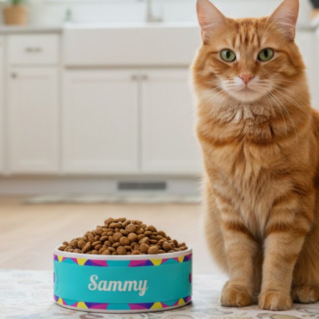 Sea Green Retro Geometric Ceramic Pet Bowl (Custom eats for the cat who runs the house. Brightly colored and many to choose from.)