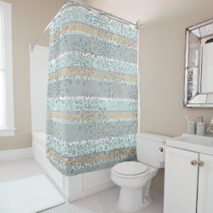 Sea Green Tan Stripes Grey White Leaves Pattern