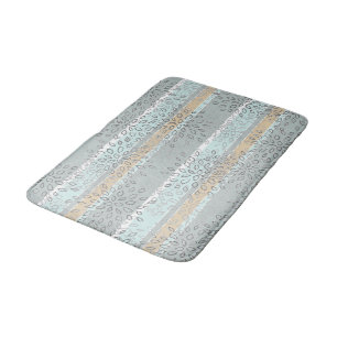 Sea Green Tan Stripes Grey White Leaves Pattern Bath Mat