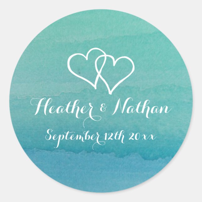 Sea green watercolor beach theme wedding stickers (Front)