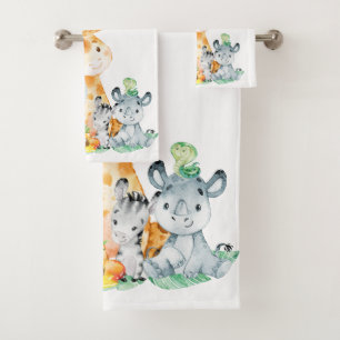 Sea Green Watercolor Cute Safari Jungle Animals Bath Towel Set