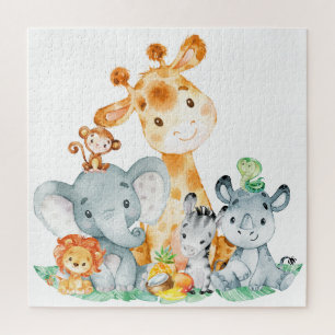 Sea Green Watercolor Cute Safari Jungle Animals Jigsaw Puzzle