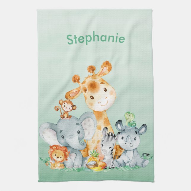 Sea Green Watercolor Cute Safari Jungle Animals Kitchen Towel (Vertical)