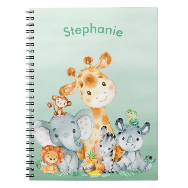 Sea Green Watercolor Cute Safari Jungle Animals Notebook (Front)