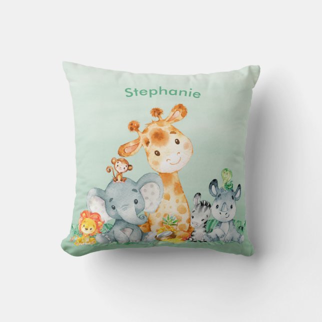Sea Green Watercolor Cute Safari Jungle Animals Throw Pillow (Front)