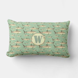 Sea Green Watercolor Monogram Shark + Jellyfish Lumbar Pillow