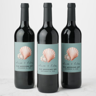 Sea Green with Shell "Our Wedding Day" Wine Label