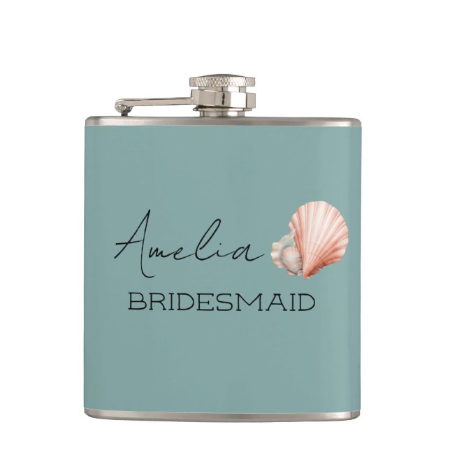 Sea Green with Shell Personalized Bridal Hip Flask (Front)