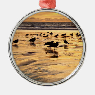 Sea Gulls On Beach At Sunset Metal Ornament