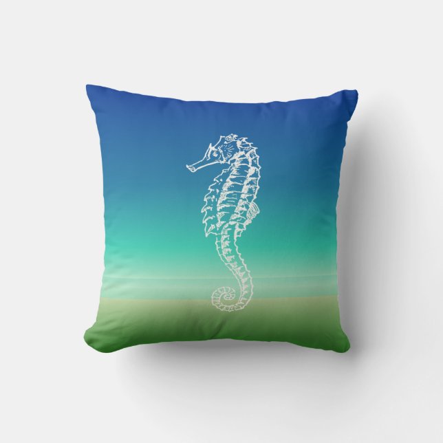 Sea Horse Blue Green Seascape Pillow (Front)
