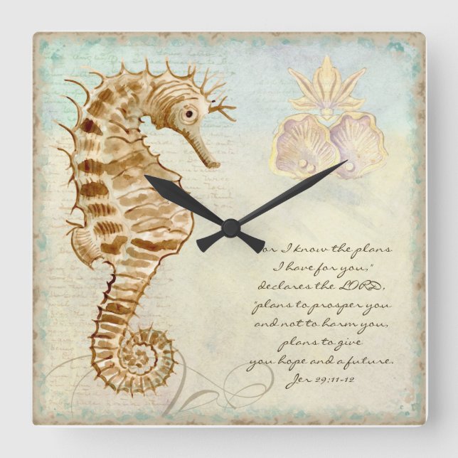 Sea Horse Coastal Beach - Christian Scripture Square Wall Clock (Front)