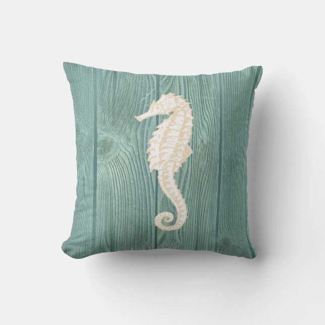 Sea Horse Cream Vintage Aqua Wood Pillow (Front)