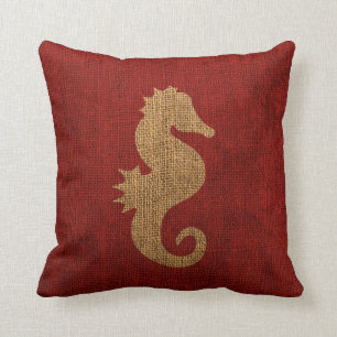 Sea Horse Nautical Rustic Red Throw Pillow