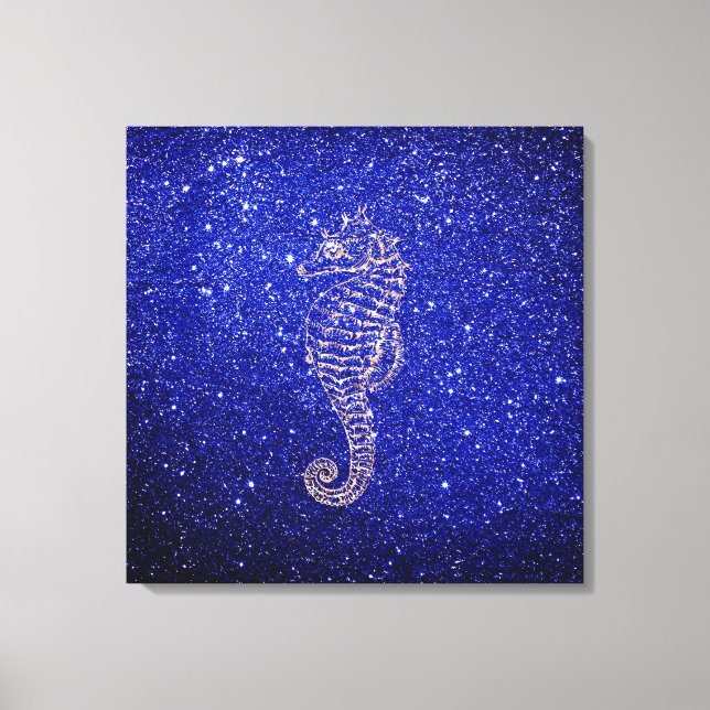 Sea Horse Ocean Life Rose Gold Cobalt Blue Glitter Canvas Print (Front)