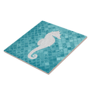 Sea Horse on Aqua Sea Glass Pattern Tile