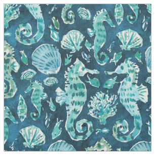 SEA HORSE SOIREE Indigo Coastal Fabric