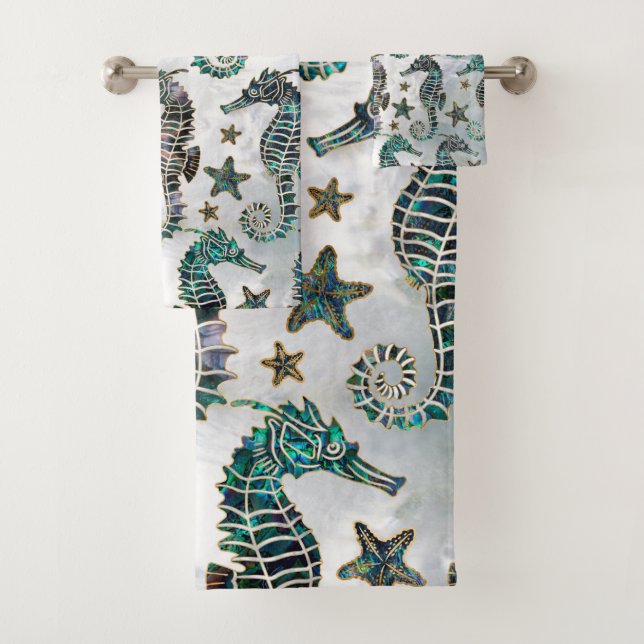 Sea horse Starfish Abalone Pattern Bath Towel Set (Insitu)
