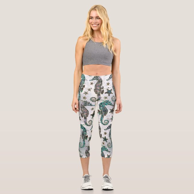 Sea horse Starfish Abalone Pattern Capri Leggings (Front)