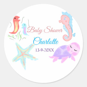 Sea horse tortoise star fish watercolor baby showe classic round sticker