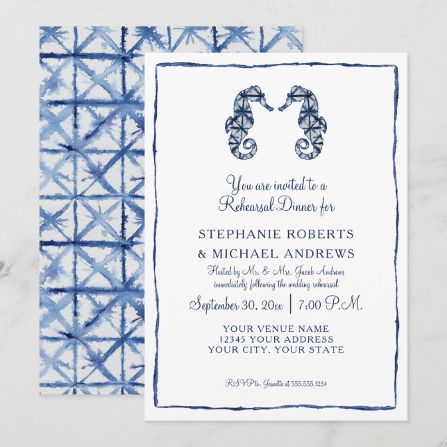 Sea Horses Beach Navy Shibori Rehearsal Dinner Invitation (Front/Back)