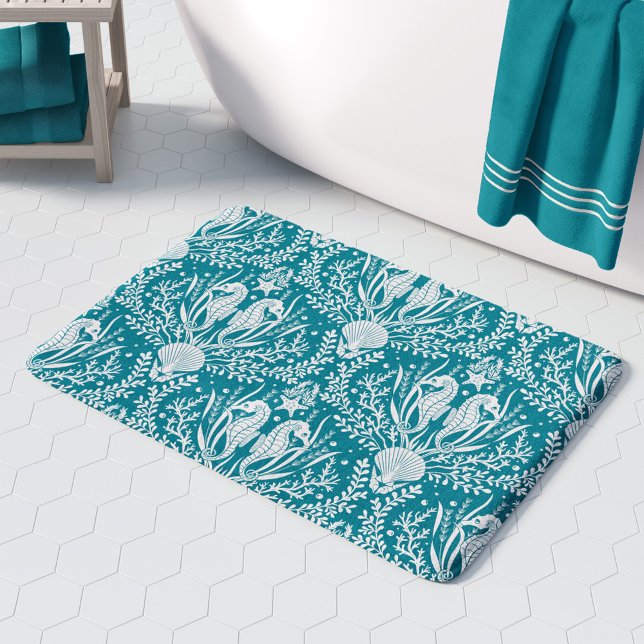 Sea Horses Teal Blue White Damask Ocean Pattern Bath Mat (Creator Uploaded)