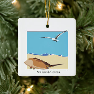 Sea Island, GA Horseshoe Crab Seagull Beach Ceramic Ornament