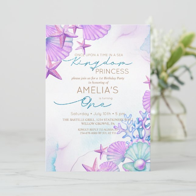 Sea Kingdom Ocean shells Beach 1st Birthday  Invitation (Standing Front)