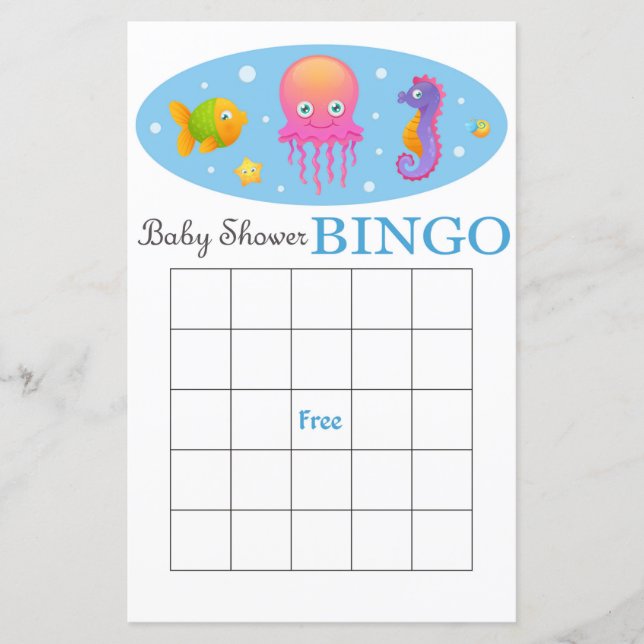 sea life baby shower bingo card (Front)