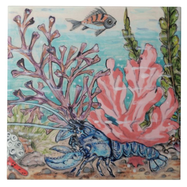Sea Life Blue Lobster Pink Coral Beach Mural Pc.#4 Tile (Front)