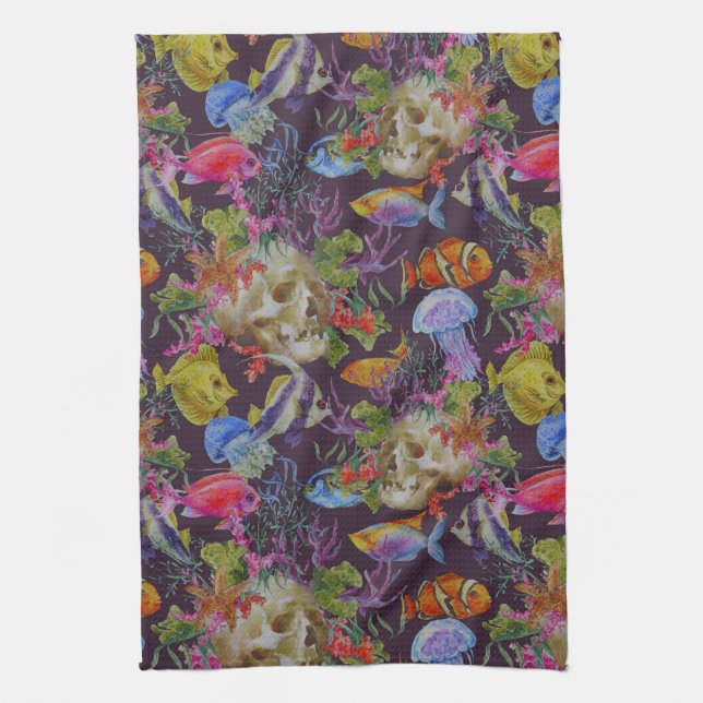 Sea Life Grunge Pattern Kitchen Towel (Vertical)
