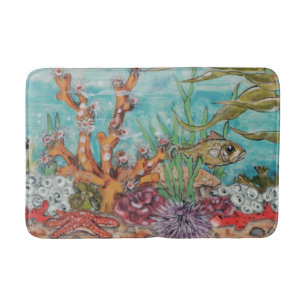 Sea Life Ocean Coral Fish Starfish Watercolor Aqua Bath Mat