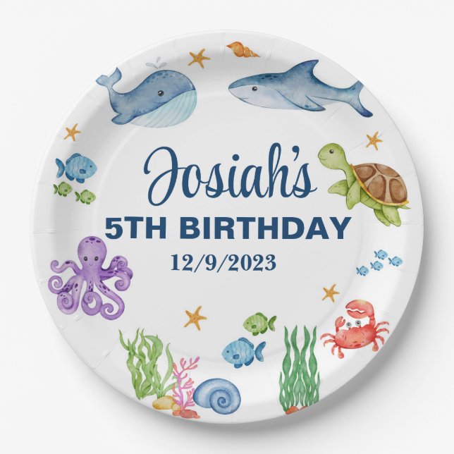 Sea life, ocean life boy birthday paper plates. paper plate (Front)