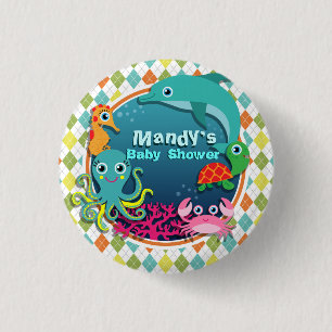 Sea Life on Colourful Argyle; Baby Shower 1 Inch Round Button