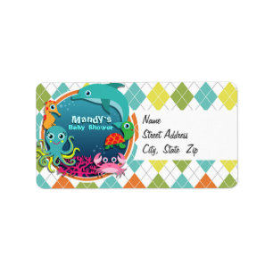 Sea Life on Colourful Argyle; Baby Shower Label