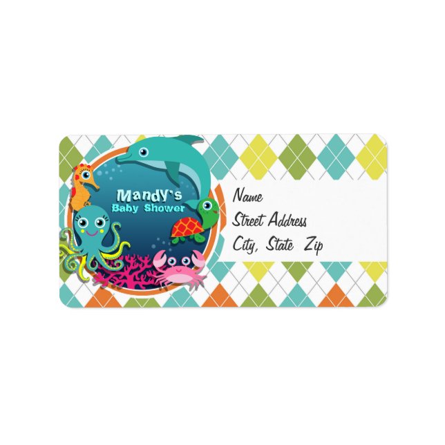 Sea Life on Colourful Argyle; Baby Shower Label (Front)