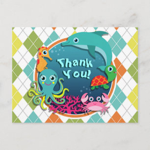 Sea Life on Colourful Argyle; Baby Shower Postcard