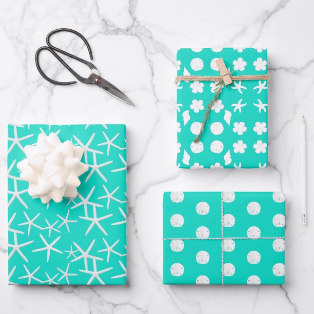 Sea Life Sand Dollars Starfish Seashells Turquoise Wrapping Paper Sheet (Front)